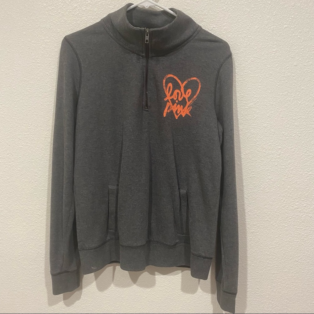 grey victoria’s secret love pink heart logo quarter zip pullover sweater top